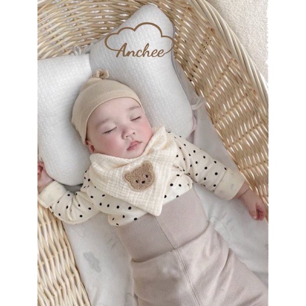 Yếm xô muslin cho bé thêu hình gấu brown dễ thương - khăn yếm tam giác có cúc bấm organic