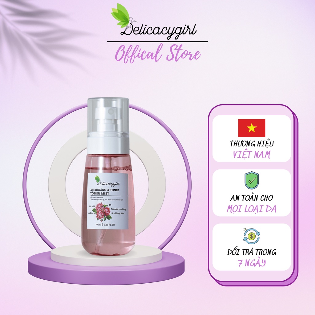 Xịt khoáng & Toner Hoa Hồng Delicacygirl cấp nước, làm dịu da, dưỡng ẩm, ngăn ngừa lão hóa