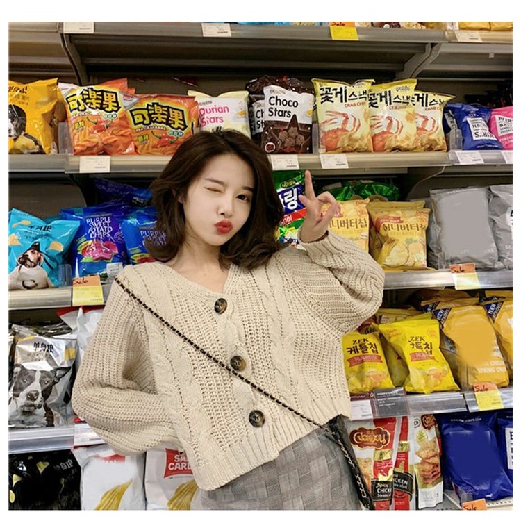 Áo khoác cardigan ZHELIHANGFEI dệt kim tay dài cổ chữ V dáng rộng lưng cao dễ phối đồ