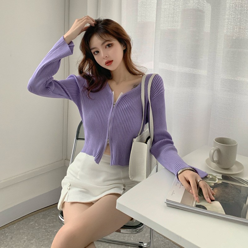 Áo Croptop tay dài dáng ôm body cổ tim chất len tăm có dây kéo phong cách Ulzzang nhiều màu