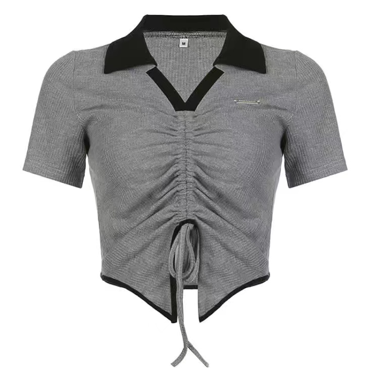 Áo Thun croptop Tay Ngắn Cổ Chữ v Thiết Kế Dây Rút Độc Đáo Thời Trang Đường Phố Mùa Hè