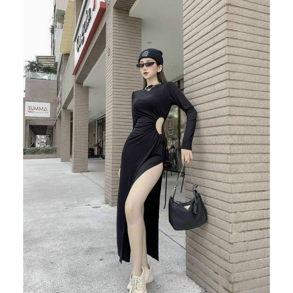 Váy body sexy, đầm maxi tay dài rút dây eo, váy ôm body xẻ tà màu đen cá tính - HN6