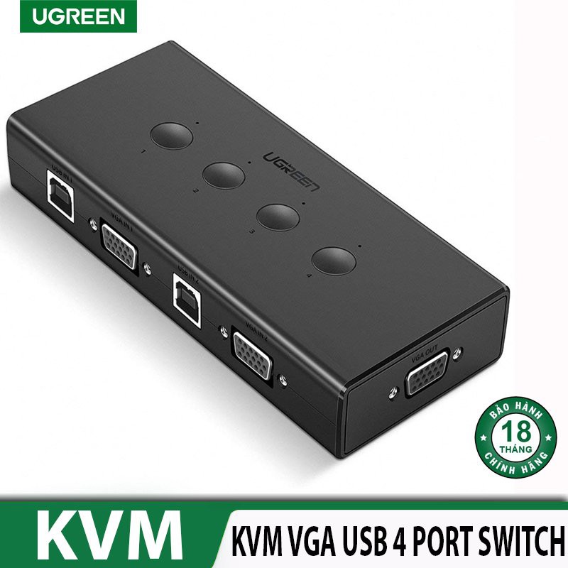 KVM Switch Cao Cấp Ugreen 50280 Bộ Kết Nối 4 CPU Dùng Chung 1 Màn Hình VGA và 3 Cổng USB