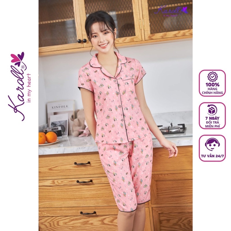Bộ đồ ngủ pijama lụa nữ Jcvcoll - Karoll NH21.164.01 Pijama bánh sinh nhật lụa mềm tay ngắn quần lửng