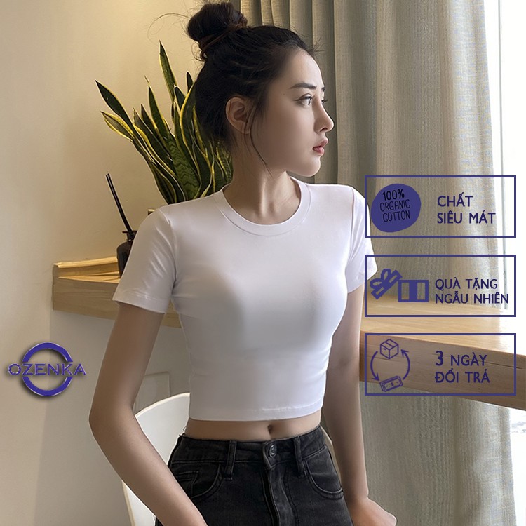 Áo croptop ôm nữ trắng đen 100% cotton OZENKA , áo crt thun gân body đẹp basic sang chảnh freesize dưới 55 kg