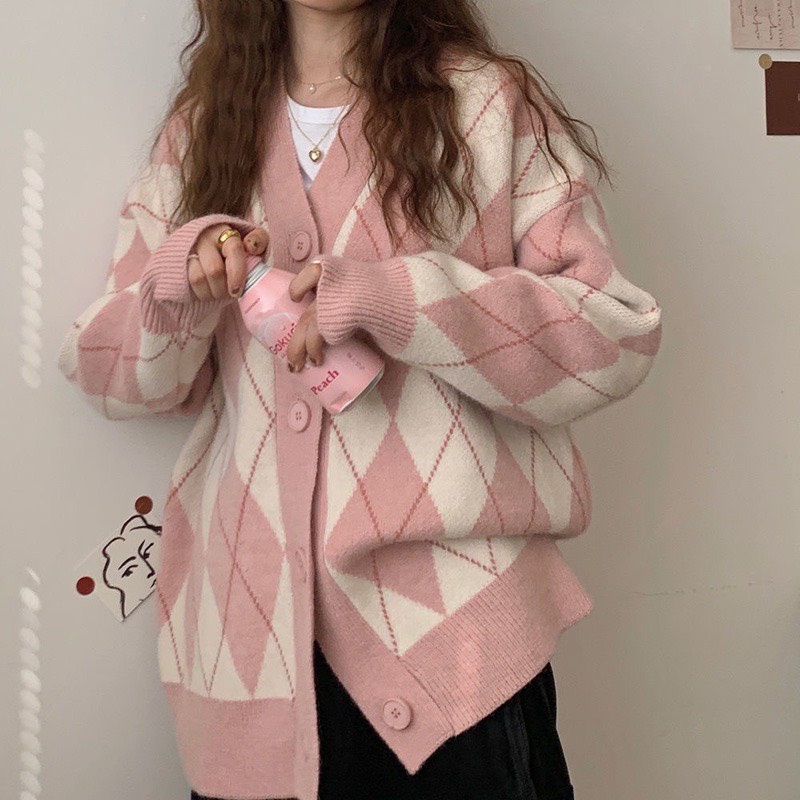 Áo khoác Cadigan lông thỏ dáng rộng hoạ tiết kim cương, áo khoác len phong cách Hàn Quốc - Minu L04