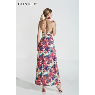 Đầm maxi lụa đan dây lưng họa tiết lá đỏ Gunich