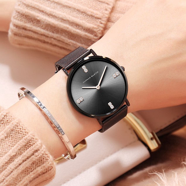 Đồng hồ nữ Hannah Martin 100% Original Women's Watches Fashion Waterproof Quartz Stainless steel Strap mesh Girl Leather Watch COD Chronograph Aktif ladies Wrist watches Ready Stock Holiday Gift Birthday gifts 4ZWN