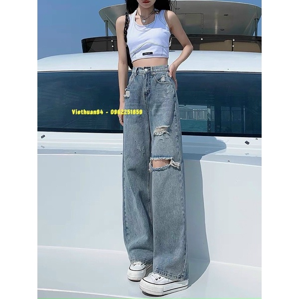 Quần jeans nữ ống suông xước rách cá tính