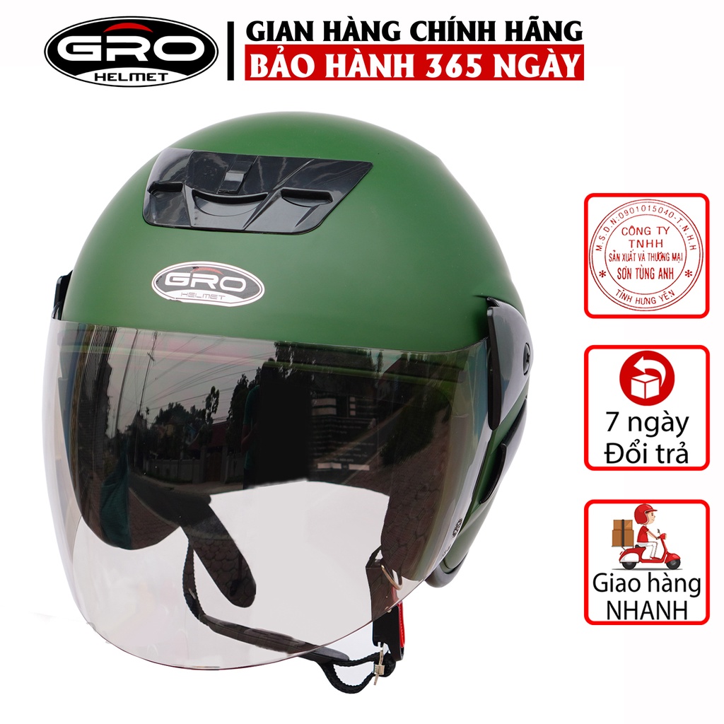 Mũ Bảo Hiểm 3/4 đầu GRO Helmet V2 có kính, kiểu dáng trẻ trung cho nam và nữ, khóa kim loại chắc chắn - Xanh Lục Quân