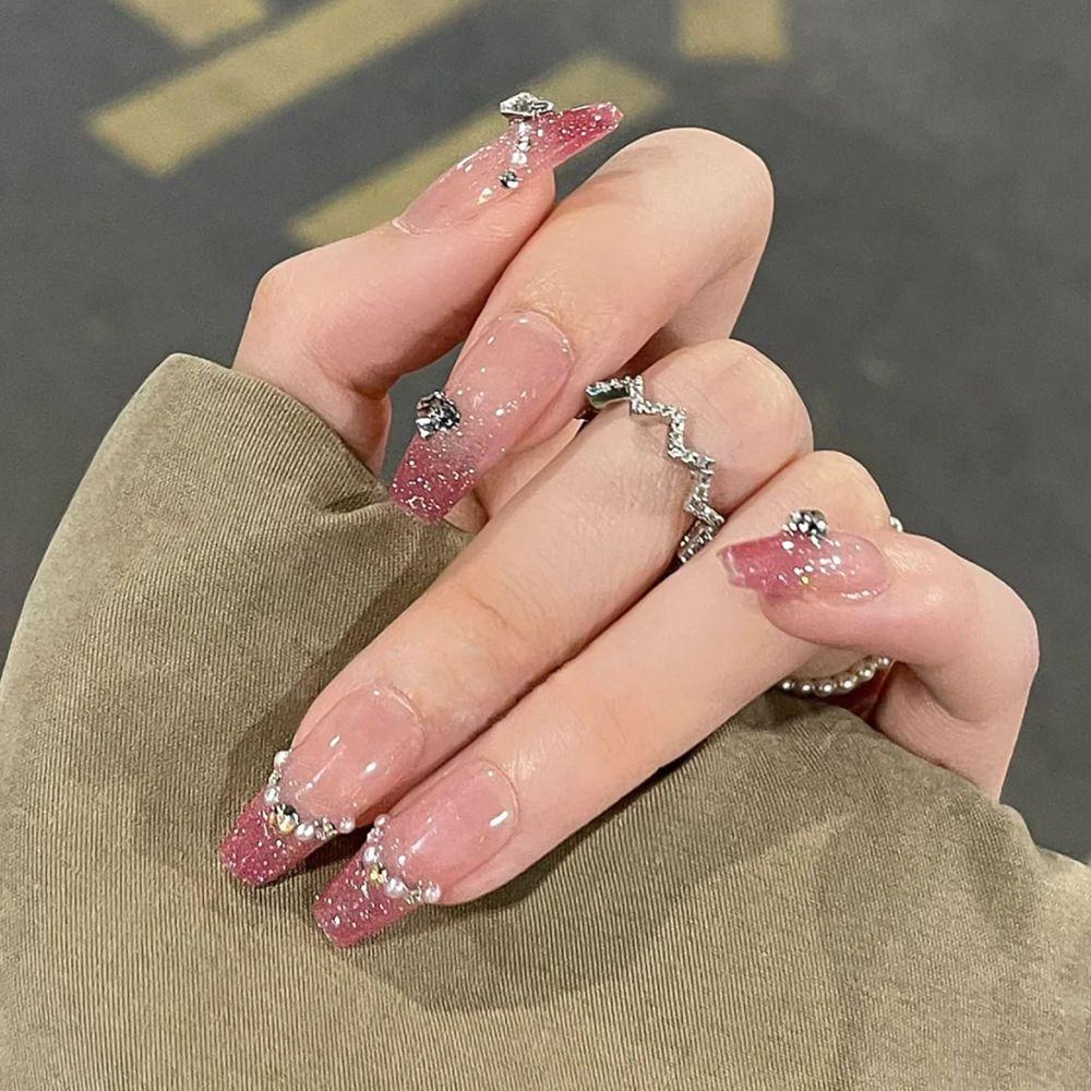 XIANTIN Bộ 24 Móng Tay Giả Đính Hoa Trà Xanh Dương Sặc Sỡ Lấp Lánh