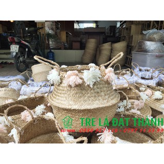 Giỏ Cói Trồng Cây Vintage (Có Quai Xách), trồng cây trang trí, hình tua rua, size 35cm