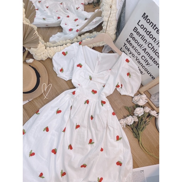 ĐẦM CHERRY ĐỎ NƠ NGỰC MIDI PHỒNG XOÈ