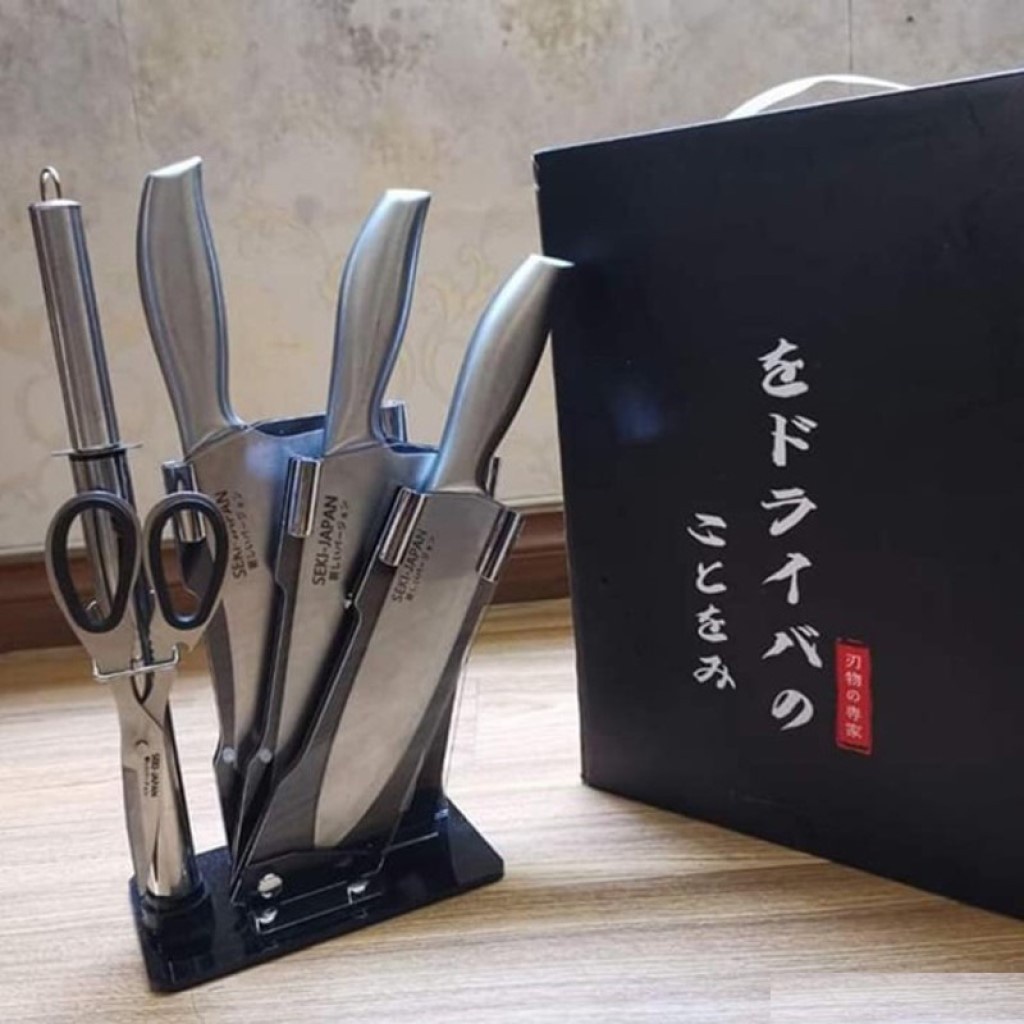 Bộ dao Nhật SEKI 6 món kèm khay đựng, Dao đúc nguyên khối, bền đẹp