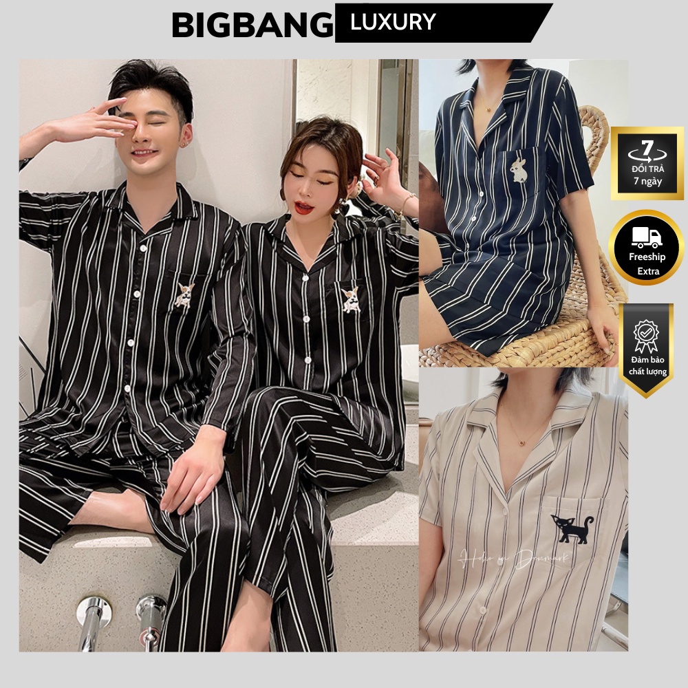 Đồ Ngủ Pijama Kẻ Sọc Lụa Mềm Bigbang Bộ Đồ Đôi Nam Nữ Mặc Thêu Hình Cún Mèo Chất Liệu Cao Cấp Phong Cách Đơn Giản