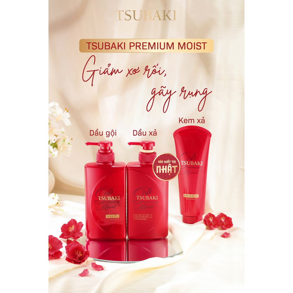 Bộ đôi gội xả Dưỡng tóc bóng mượt Premium Moist Tsubaki (490ml/chai)