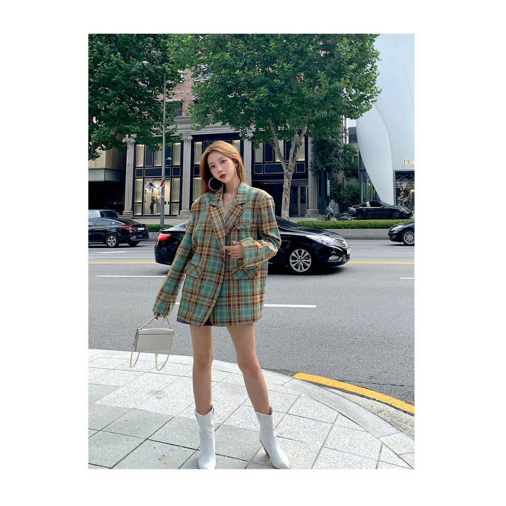 Áo Khoác Blazer Dáng Rộng Kẻ Sọc Caro Phong Cách Anh Quốc