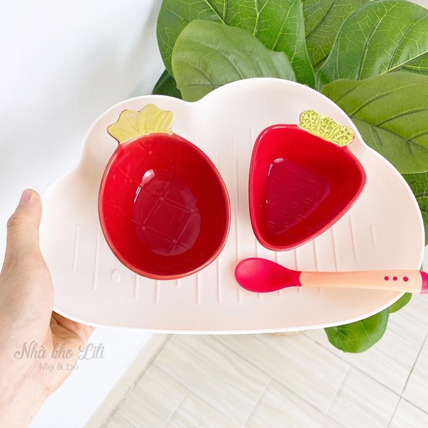 Set bát sứ ăn dặm cho bé dễ thương, bát ăn dặm size nhỏ kèm khay mây và muỗng silicon
