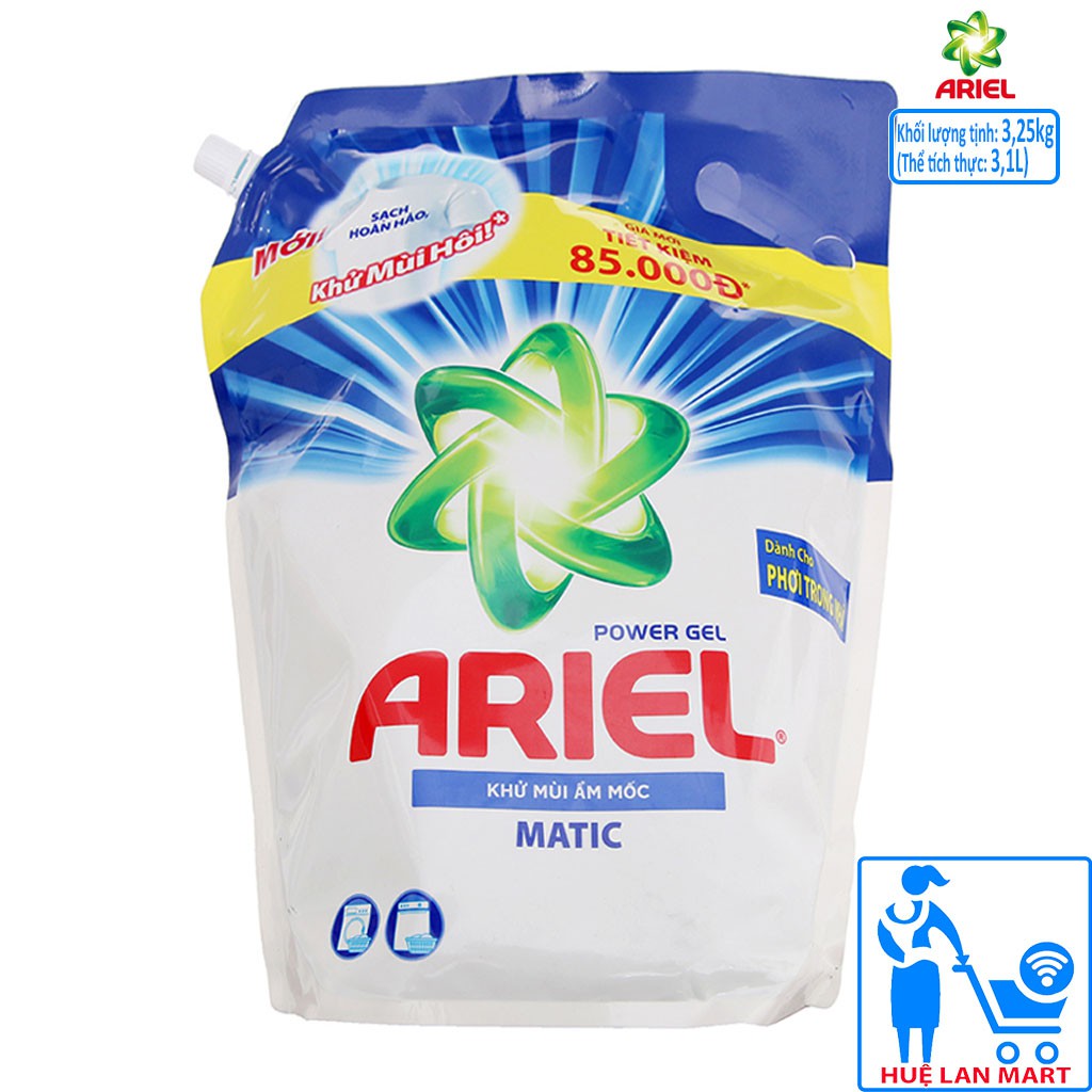 Nước Giặt Ariel Power Gel Khử Mùi Ẩm Mốc Matic Dạng Túi 3,25kg (Tẩy sạch vết bẩn tốt hơn gấp 2 lần)