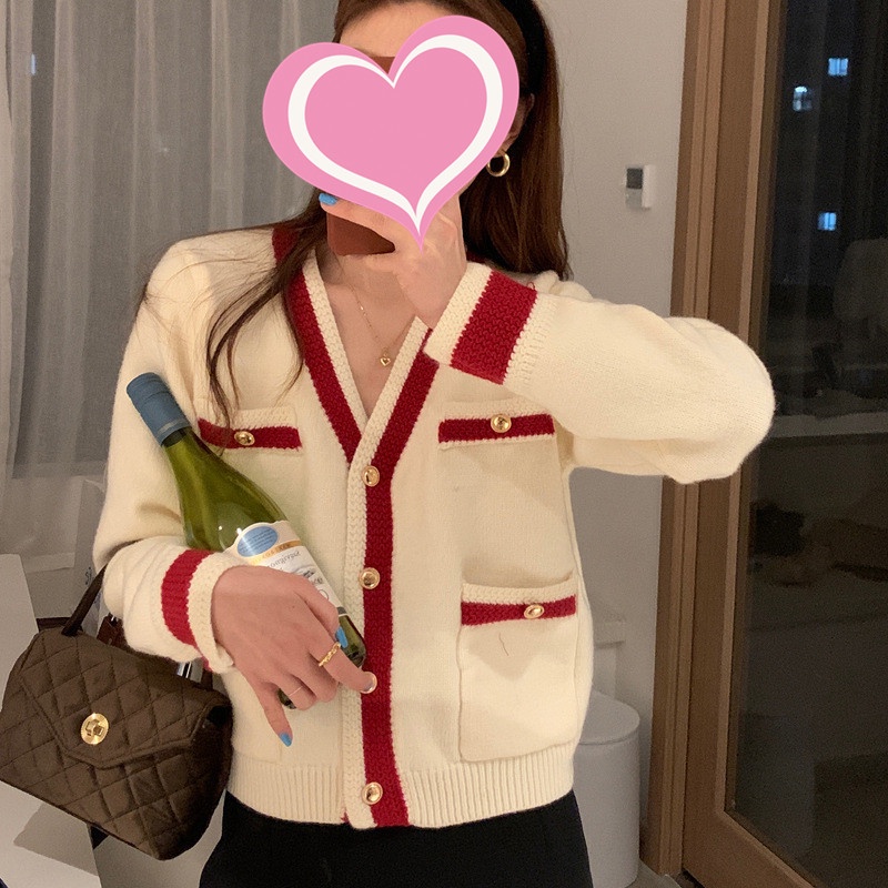 Xả Kho - Áo len nữ cardigan dệt kim cổ V trắng kem viền đỏ