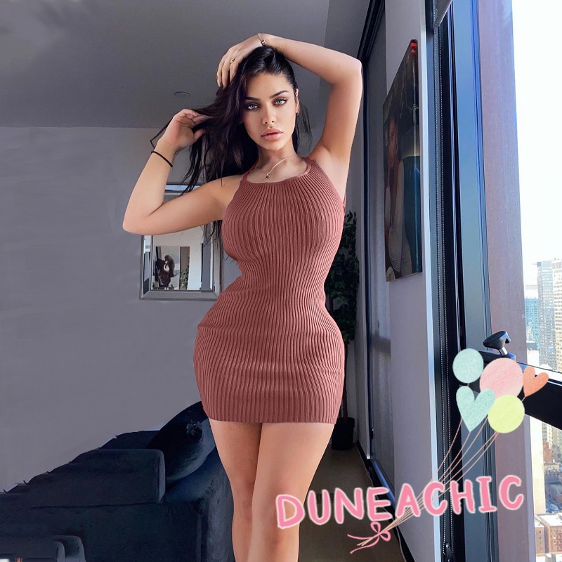 Đầm Ôm Hai Dây Hở Lưng Màu Trơn Quyến Rũ Cho Nữ