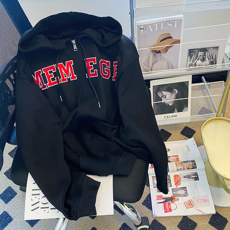 ZHELIHANGFEI Áo Hoodie Tay Dài Form Rộng Họa Tiết Thêu Theo Phong Cách Preppy Mỹ