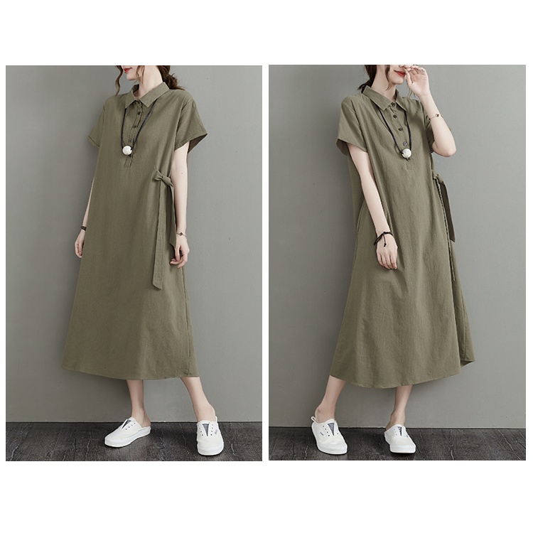 Váy sơ mi cộc tay dáng dài, Váy linen cao cấp che khuyết điểm tôn dáng D61