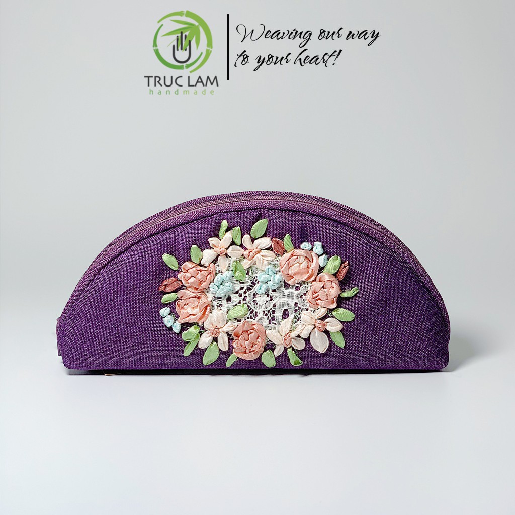 Ví Cầm Tay Đựng Kính Hình Bán Nguyệt Thêu Ruy Băng Họa Tiết Hoa Hồng Phối Ren - Trúc Lâm Handmade