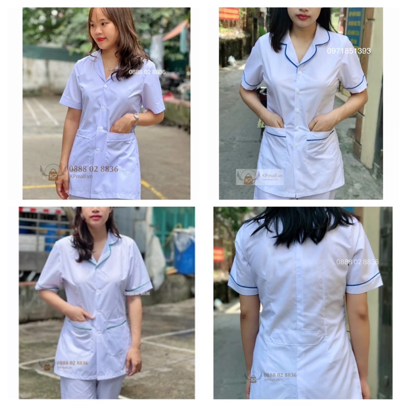 Bộ quần áo blouse trắng viền bo tròn cổ nữ tính cho điều dưỡng, y tá, dược sỹ, thẩm mỹ viện, spa