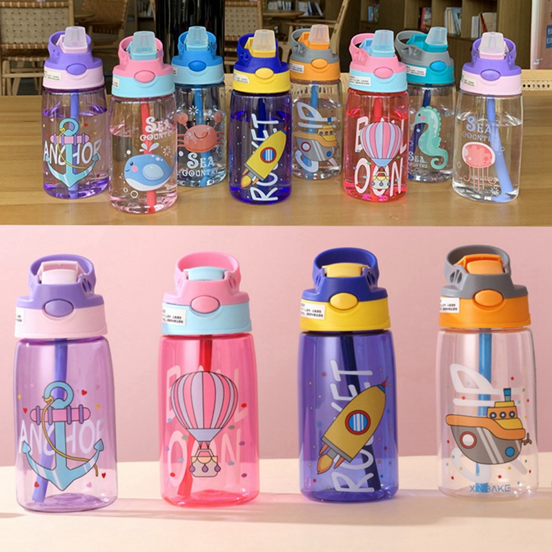 Bình Nước Nhựa Không BPA 480ml Kèm Ống Hút Cho Bé