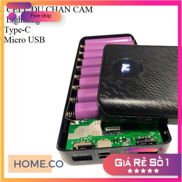 Box sạc dự phòng 8 cell 3 đầu vào Lightning\Type C\Microusb, mạch sạc pin 18650, pin dự phòng