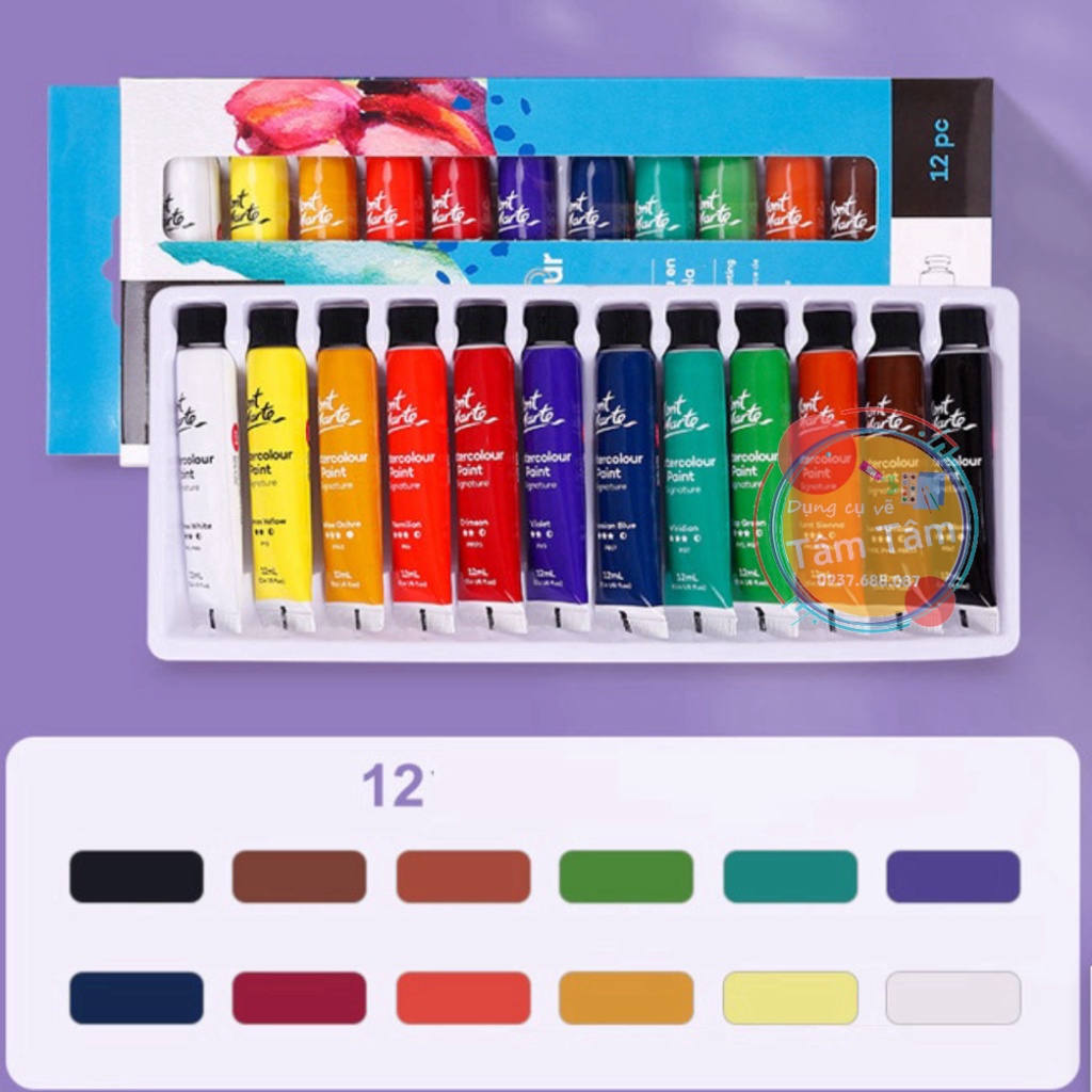 [TÂM TÂM] Màu nước Mont Marte Bộ 12/18/24 màu tuýp 12ml-Mont Marte Watercolour Paint