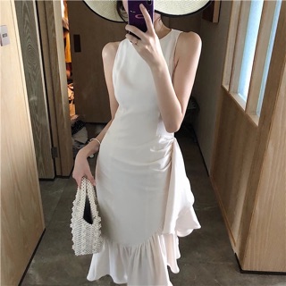 váy xinh nhún eo đuôi cá vạt chéo vàng - trắng