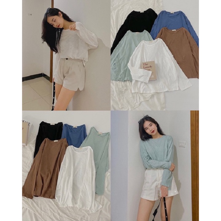 Áo thun tay dài dáng rộng màu trơn phong cách Hàn Quốc - Áo thun giấy tay dài cổ tròn nhiều màu - Mono Boutique