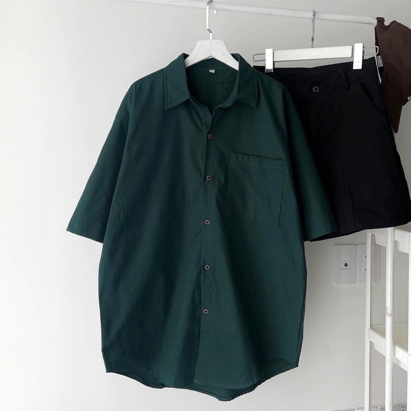 Áo Sơ Mi Tay Ngắn Trơn 1 Túi Màu Xanh Unisex( Hàng Sẵn, Ảnh Thật)