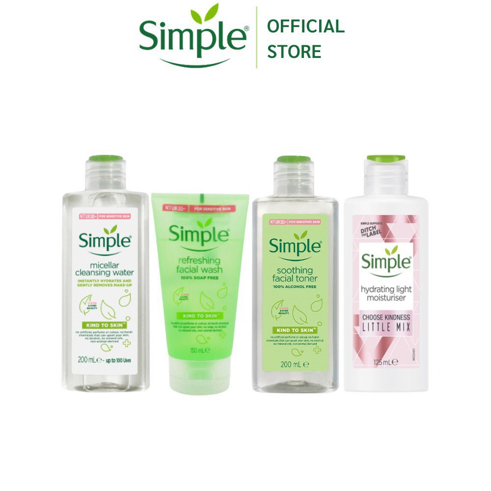 Combo Chăm Sóc Da Cơ Bản SIMPLE Nước Tẩy Trang 200ml + Sữa Rửa Mặt 150ml + Nước Cân Bằng Da 200ml + Sữa dưỡng 125ml | BigBuy360 - bigbuy360.vn