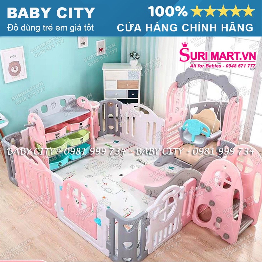 Trọn bộ quây Cũi Cầu Trượt, Xích Đu, Kệ để đồ chơi Hàn Quốc Newber Kitty 10 chi tiết