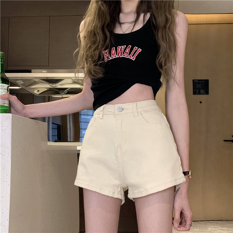 Quần ngắn SUXI vải denim lưng cao co giãn màu sắc trơn thời trang mùa hè dễ phối đồ cho nữ