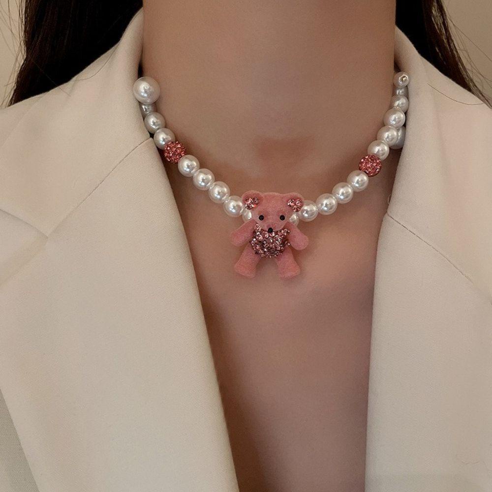 JARRED Bộ Vòng cổ + Bông Tai Hình Gấu Đính Đá Ngọt Ngào Thời Trang Khuyên Tai Trái Tim Màu Hồng Xinh Xắn