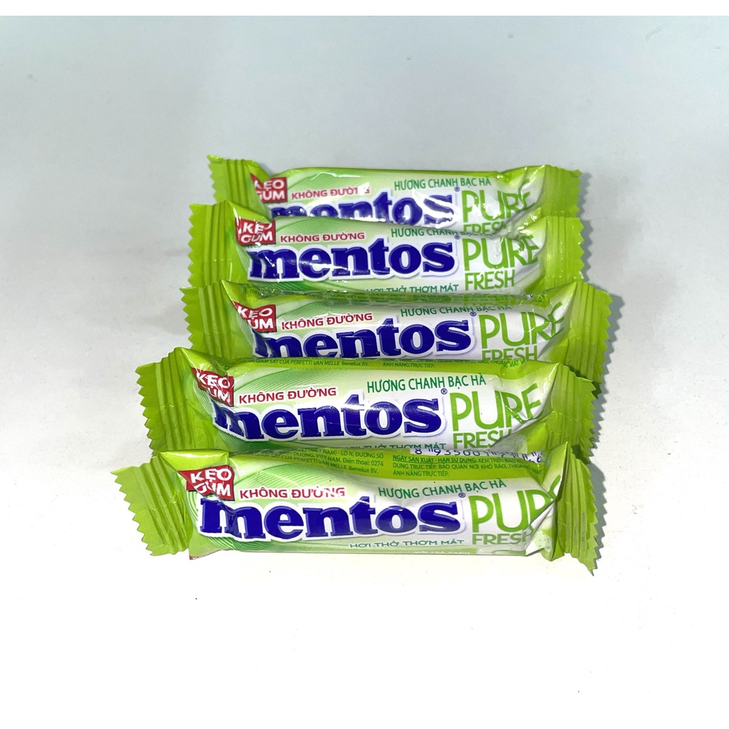 [Combo 5 Thỏi] Kẹo Gum Cao Su Không Đường Mentos Hương Chanh Bạc Hà Pure Fresh (5 Thỏi x 10.5g)