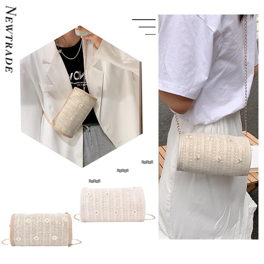 Women Lace Daisy Flower Chain Cylindrical Shoulder Bag Mini Handbag
