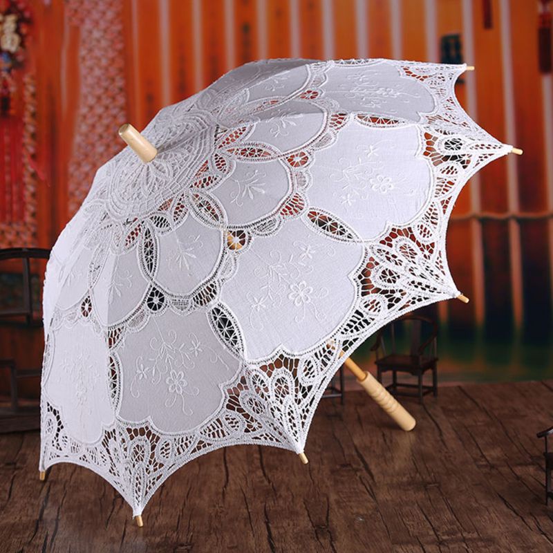 Dù vải ren màu trắng 8 xương trang trí chụp ảnh cho cô dâu