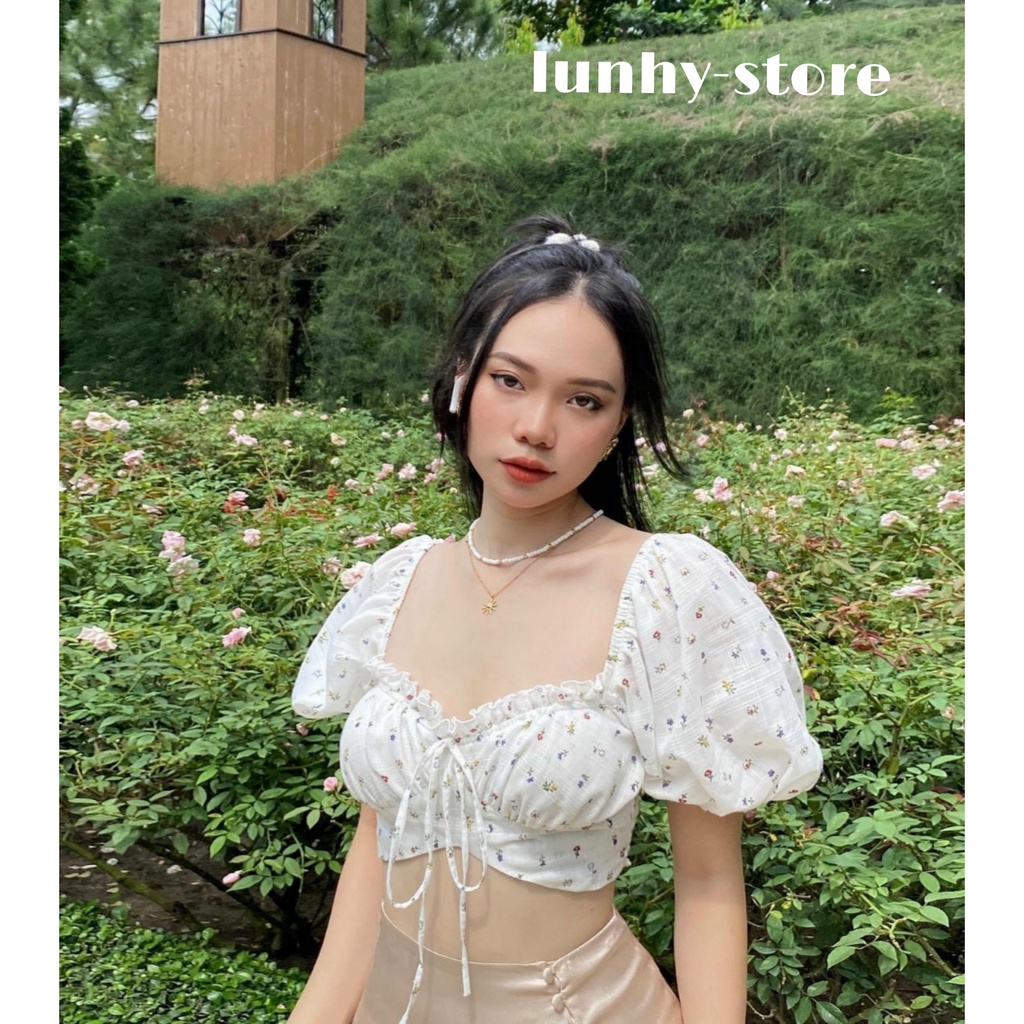 Áo Kiểu Trễ Vai Tay Bồng Vải Voan Crop Top Phối Bèo Xinh Đẹp