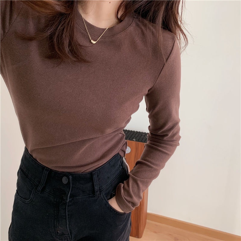 Áo thun tay dài cổ tròn lót nhung thời trang thu đông mới cho nữ 2021