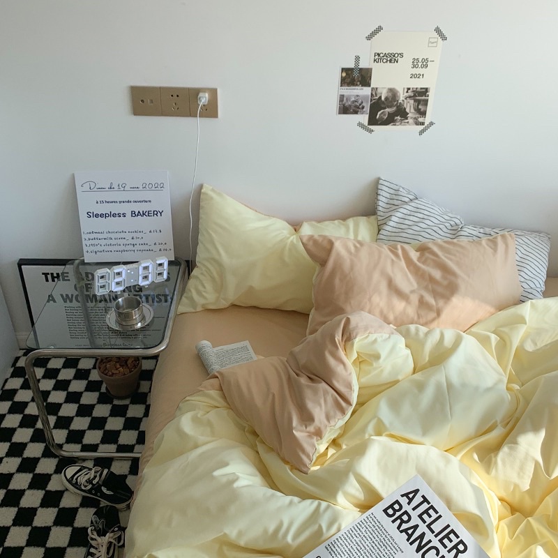 Bộ ga gối và vỏ chăn Cotton Tici No Tag Cao Cấp mềm mát mẫu Vàng Chanh Mix Be