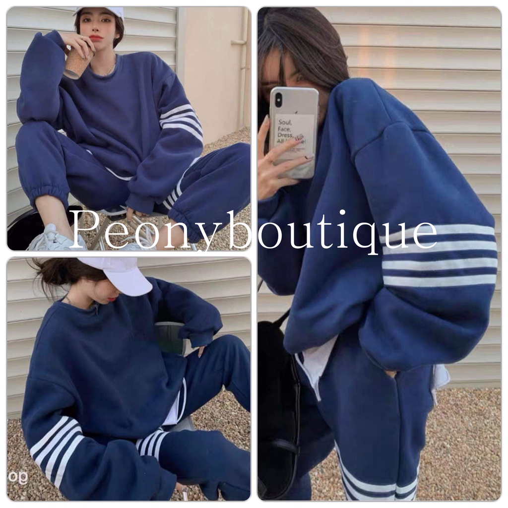 Bộ Nỉ Kẻ Vạch Ngang PEONYB Nữ [FREESHIP]  Set quần bo gấu kèm áo sweater thể thao kiểu dáng hoodie cá tính Ulzzang