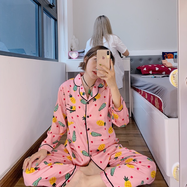 Ảnh thật - bộ lụa dài tay Dâu Hồng