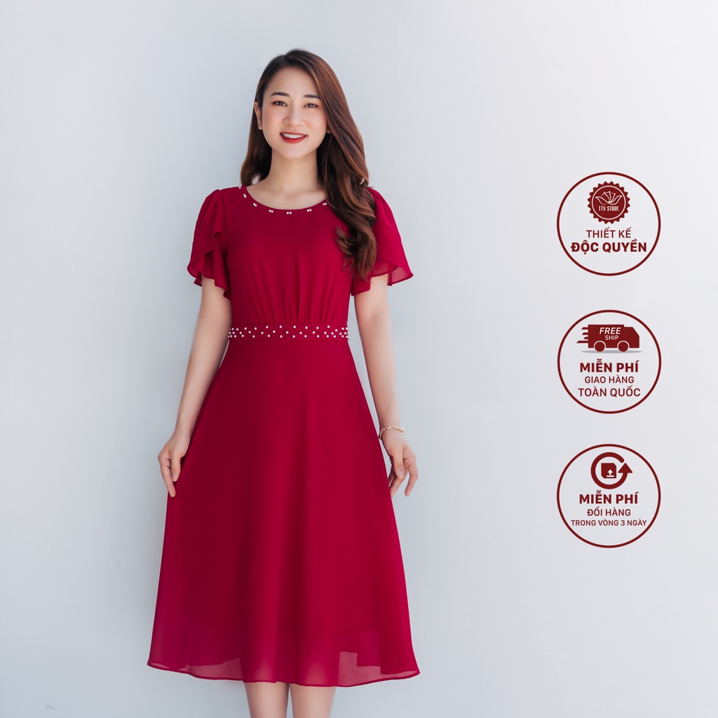 Đầm đính ngọc cao cấp form xoè cổ tròn đính ngọc đỏ đô TTV1061
