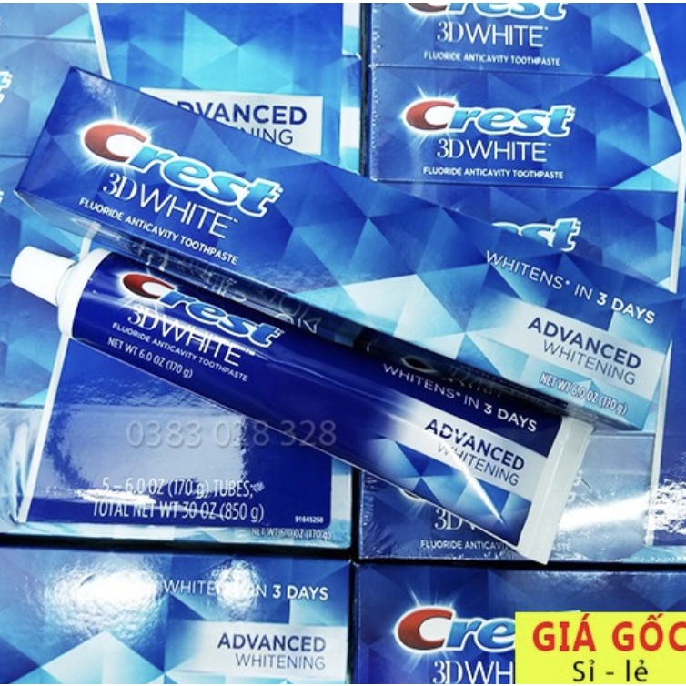Kem đánh răng Crest 3D White Advanced Whitening 170gr và Vivid Mint 150gr Mỹ - Trắng răng / Chống ê buốt, sạch mảng bám