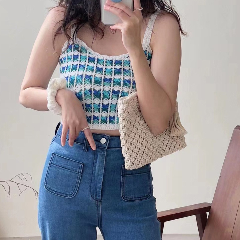 Áo Croptop Dệt Kim Không Tay Thêu Họa Tiết Sọc Ngang Nhiều Màu Sắc Thời Trang Cho Nữ